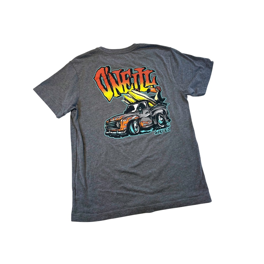 ONeill Surf Co Boys XL Graphic T-Shirt Grey Surf Truck Toucan Flame Print Tee